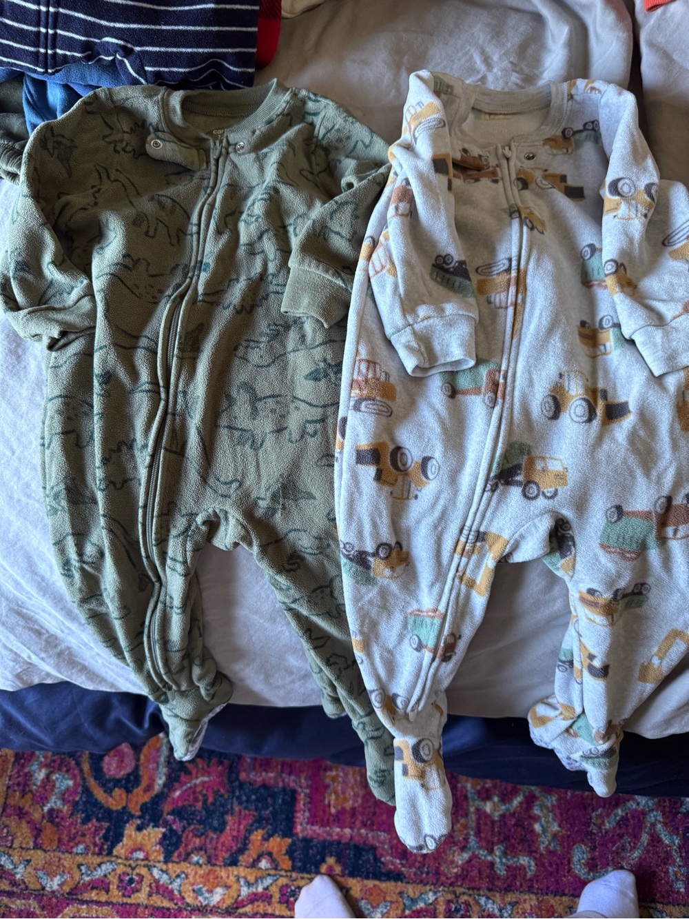 Carter's Green Dinosaur and Cream Trucks Footed One-Pieces
